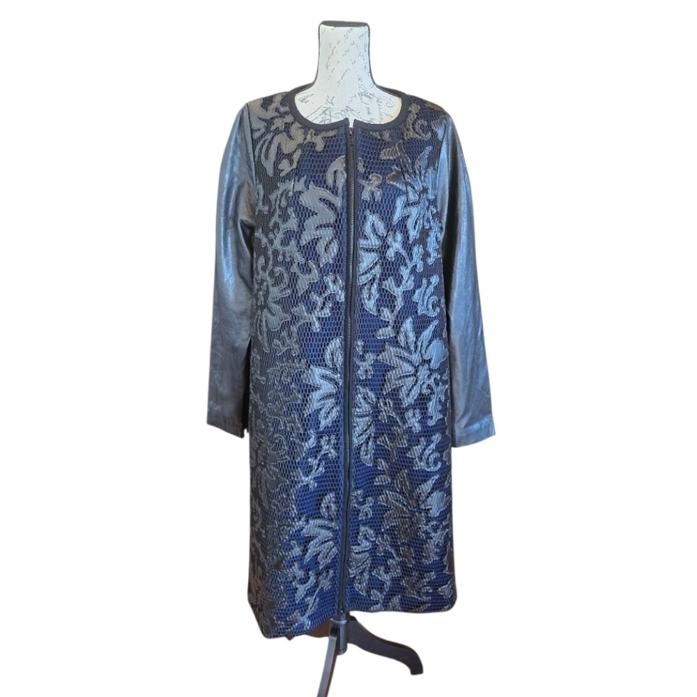 Staci Snider Black Blue Laser Cut Faux Leather Wool Blend Long Duster Jacket L